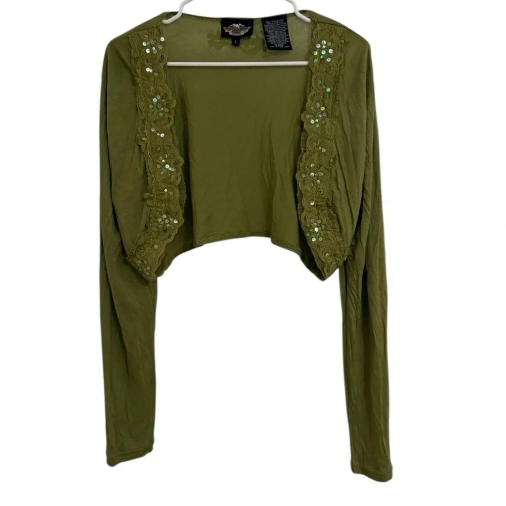 Harley Davidson Y2K 2005 Lace Trim Cropped Cardigan Olive Green Women’s Large